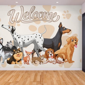 Pet Grooming Wall Graphics Peel and Stick Wallpaper Dog Grooming Self Adhesive Removable Pet Shop Veterinary Clinic Mural PW175W