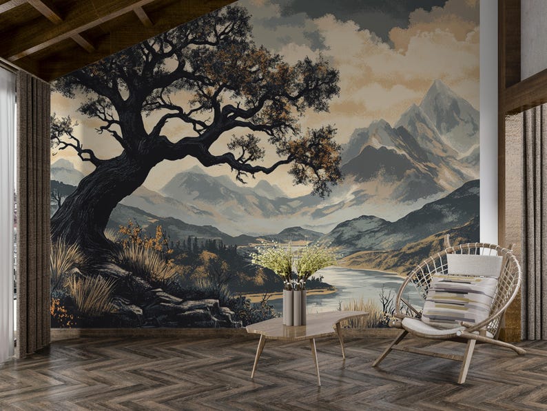 Dark Vintage | Mountain Landscape Peel and Stick Wall Mural | Rustic ...