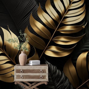 Midnight Palm Luxe Wallpaper Black Gold Tropical Leaves Statement Wall Mural PW238