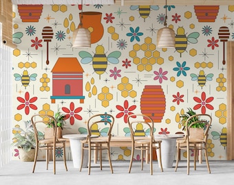 Honey Bee Mural | Yellow Floral Peel & Stick Fabric Wallpaper | Removable Nature Decor | PW475