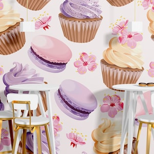 Vintage Sweets Wall Graphics Desserts Cupcakes Macaroons Wallpaper Peel n Stick Wallpaper Cafe Bakery Restaurant Removable Wallpaper PW542