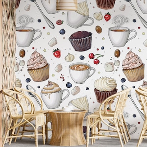 Sweets Wall Graphics Desserts Coffee Cookies Cupcakes Croissant Cake Wallpaper Peel n Stick Wallpaper Cafe Bakery Restaurant Removable PW539