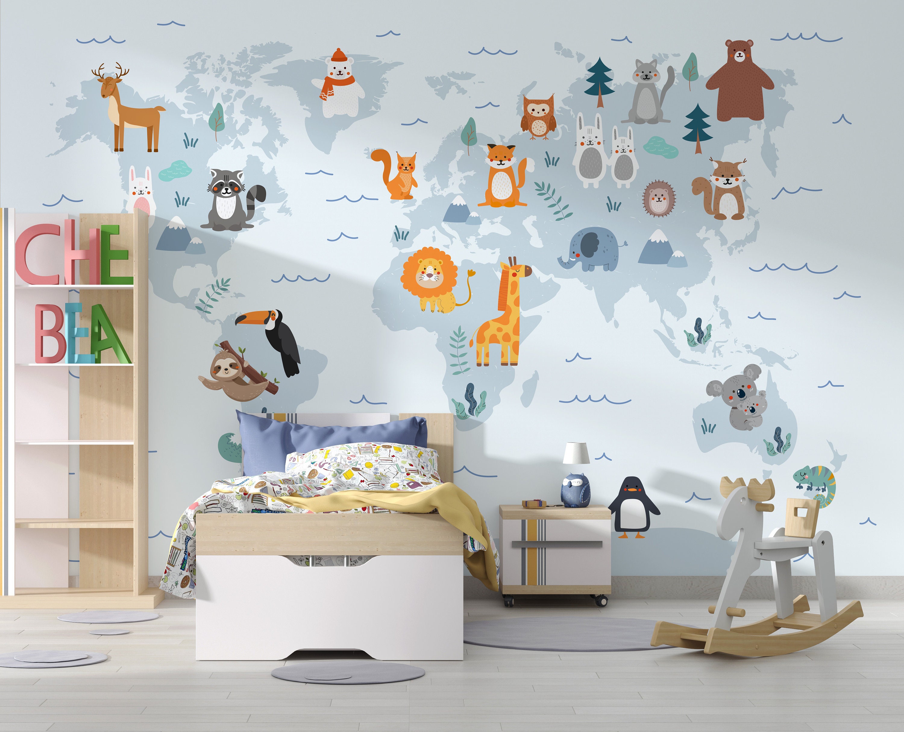 Adventure Animal World Map Wallpaper | Peel & Stick Kids Room Geography ...