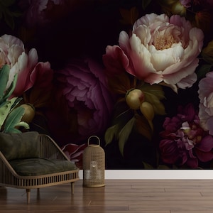 Dark Peony Wallpaper Peel and Stick Peony Flowers Self Adhesive Mural Removable Fabric 3D Wallpaper PW404