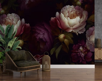 Dark Floral Peony Wallpaper Mural: Living Room Wall Decor - Etsy