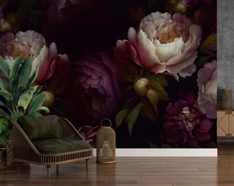 Dark Peony Wallpaper Peel and Stick Peony Flowers Self Adhesive Mural Removable Fabric 3D Wallpaper PW404