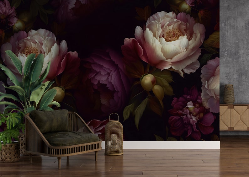 Dramatic Peony Bloom Mural | Dark Floral Peel & Stick Wallpaper | Moody ...