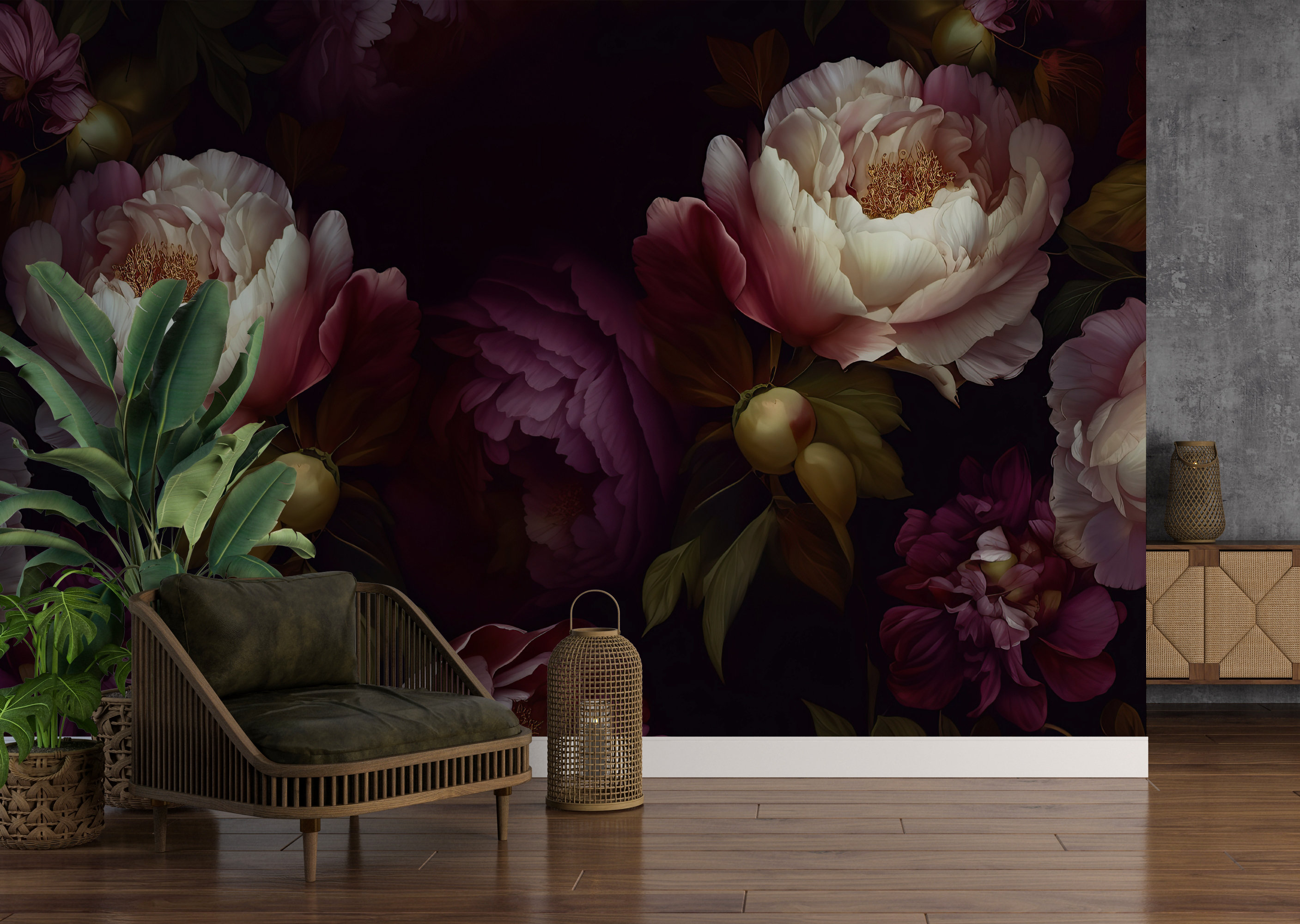 Dramatic Peony Bloom Mural | Dark Floral Peel & Stick Wallpaper | Moody ...