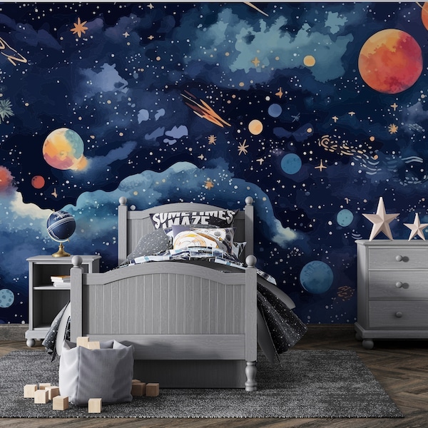 Space Wallpaper Peel and Stick Kids Bedroom Astronaut Planet Solar System Sky Wall Mural Self Adhesive Outer Space Removable Wallpaper PW336