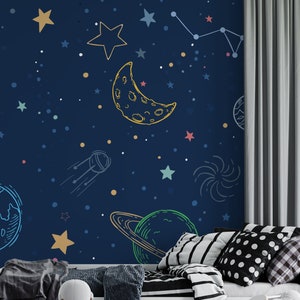 Weltraum-Tapete zum Schälen und Aufkleben, Kinderzimmer, Rakete Planet, Sonnensystem, Himmel, Raumschiff, Wandbild, Weltraum, entfernbare Tapete PW434