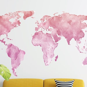 Watercolor World Map Wall Decal | World Map Wall Sticker | World Map Wall Decor CD99
