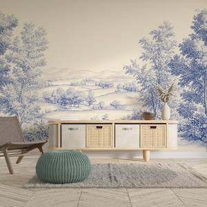 Bleu Horizon | French Toile Landscape Mural | Toile de Jouy Mural | Blue French Wallpaper | Luxe Vintage Scene | Peel & Stick | V26