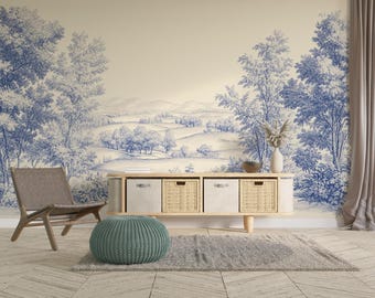 Bleu Horizon Toile de Jouy Wall Mural | French Vintage Landscape Peel and Stick V26