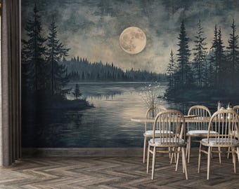 Moonlit Forest | Dark Lake Full Moon Reflection Mural | Peel and Stick Wallpaper V11