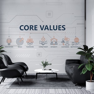 May include: A modern office interior with two black chairs and a black sofa facing a wall with a white background and a graphic of the words "CORE VALUES" with icons representing innovation, goals, teamwork, commitment, integrity, customers, and responsibility.