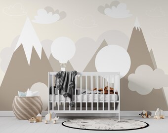 Baby Room Wallpaper | Neutral Mountain Mural | Cloud Balloon Wall Decor | Cloud Valley | PW665