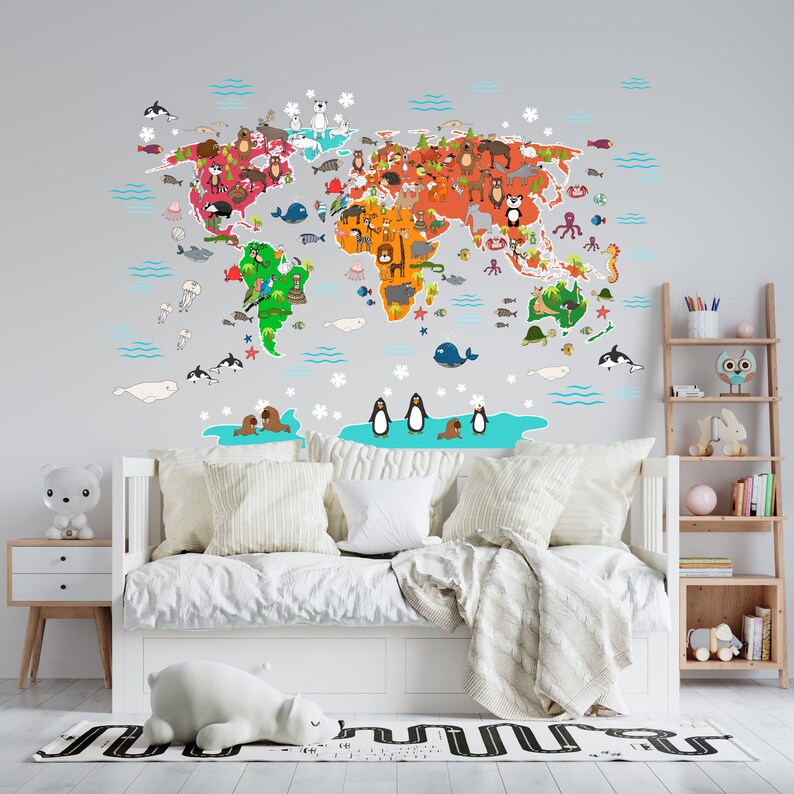 World Map Animals Vinyl Wall Decal | Educational Nursery Decor | Kids ...
