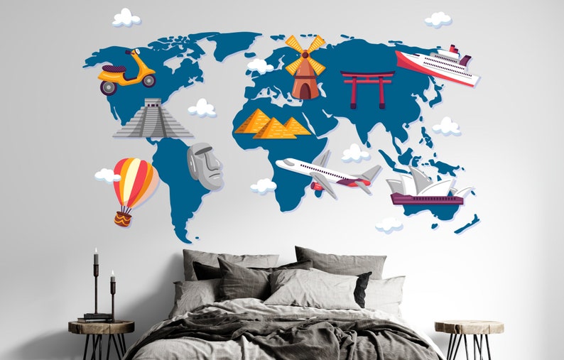 Travel World Map Vinyl Wall Decal | Educational Removable Sticker ...