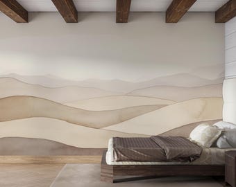 Ökenhorisont | Neutral akvarell bergsmålning | Beige landskapstapet | Minimalistisk inredning | PW765