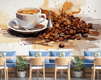 Koffieschil- en plakbehang voor koffieshop Zelfklevend verwijderbaar stoffen restaurant muurschilderingbehang PW510