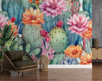 Blooming Desert Cactus Mural | Colorful Peel & Stick Southwestern Wall Wallpaper | PW331