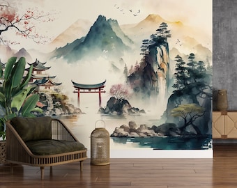 May include: A watercolor painting of a Japanese landscape with mountains, a lake, a red torii gate, and traditional Japanese buildings. The painting is in a muted color palette of blues, greens, and browns.