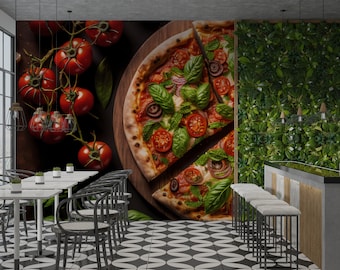 May include: A close-up of a pizza with red sauce, mozzarella cheese, basil, and red onion. The pizza is on a wooden cutting board with a bunch of red tomatoes in the background.