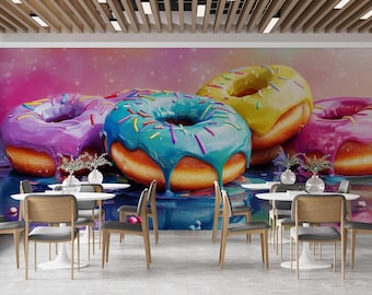 Colorful Donut Wall Mural | Sweet Bakery Dessert Kitchen Food Decor V11