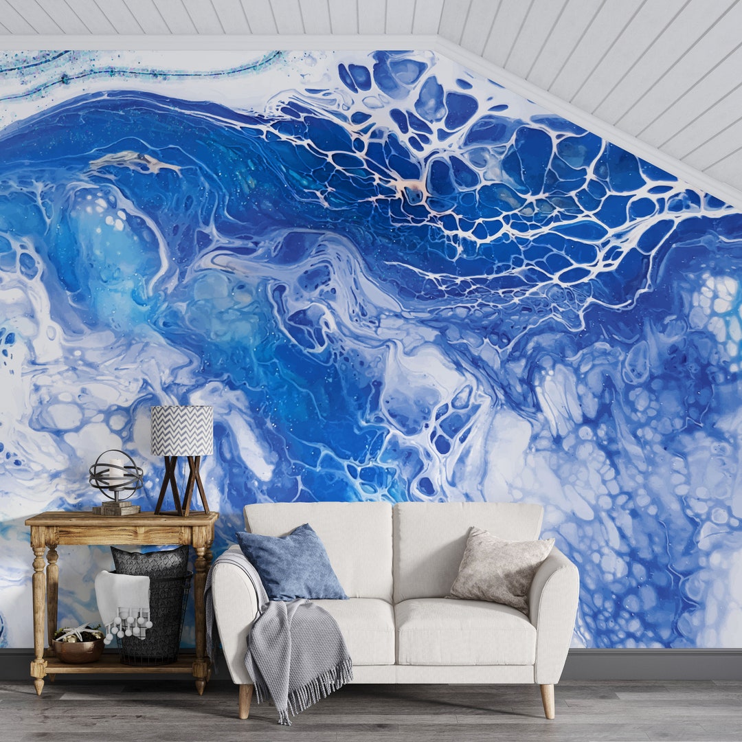 Blue Marble Peel and Stick Wallpaper Blue Water Wave Wall Mural Self