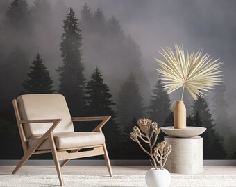 Midnight Mist | Foggy Forest Mural | Nature Scene Wallpaper | Dark Woodland Decor | PW8