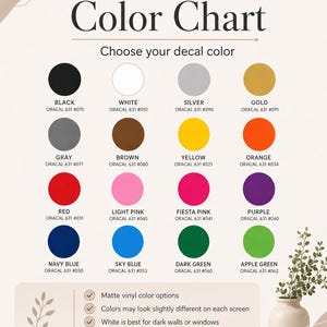 May include: A colour chart for Oracal 631 matte vinyl decals featuring sixteen circular colour swatches including black, white, silver, gold, grey, brown, yellow, orange, red, light pink, fiesta pink, purple, navy blue, sky blue, dark green, and apple green.