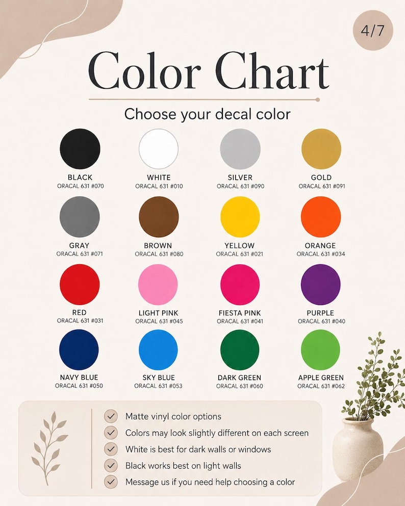 May include: A colour chart for Oracal 631 matte vinyl decals featuring sixteen circular colour swatches including black, white, silver, gold, grey, brown, yellow, orange, red, light pink, fiesta pink, purple, navy blue, sky blue, dark green, and apple green.