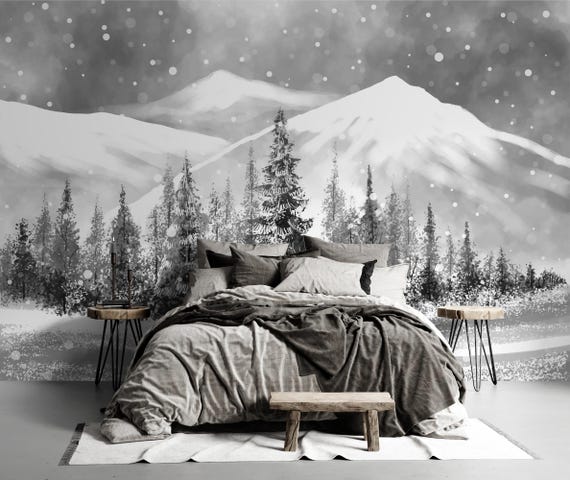 Snowy Mountain Mural | Winter Forest Wallpaper | Black and