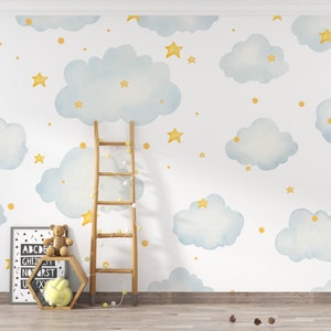 Watercolor Clouds Stars Wallpaper Blue Sky Peel and Stick Wallpaper Blue Clouds Wall Mural Self Adhesive Removable Wallpaper Nursery PW390