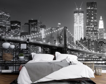 Midnight Skyline | NYC Black and White City Mural Wallpaper | Modern Urban Wall Design | PW188