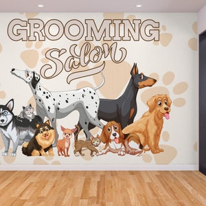 Pet Grooming Wall Graphics Peel and Stick Wallpaper Dog Grooming Self Adhesive Removable Fabric Veterinary Clinic Mural PW175