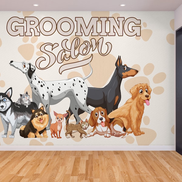 Pet Grooming Wall Graphics Peel and Stick Wallpaper Dog Grooming Self Adhesive Removable Fabric Veterinary Clinic Mural PW175