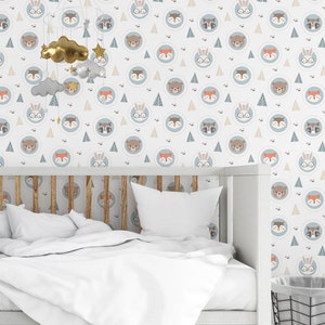 Woodland Animals Peel and Stick Wallpaper for Nursery Kids Room Forest Trees Wallpaper Self Adhesive Removable Nursery Wallpaper PW379