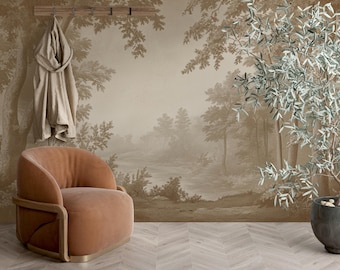 Vintage Forest | Sepia Woodland Landscape Mural | Peel and Stick Rustic Wallpaper V18