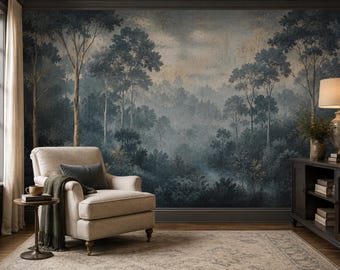 Misty Forest Wall Mural, Blue Tree Wallpaper, Moody Woodland Peel and Stick Mural BL1