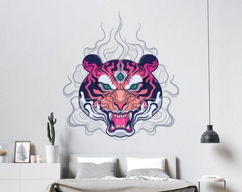 Neon Tiger Head Wall Decal | Vibrant Removable Vinyl Home Decor Sticker | Jungle Style TGC9