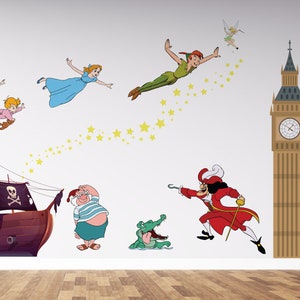 Calcomanía de pared de Peter Pan con frase "Nunca crezcas", barco de Peter Pan, pegatina de pared infantil de dibujos animados cus239