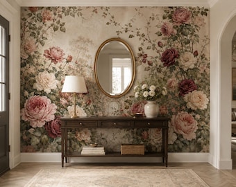 Rose Garden Mural – Vintage Romantic Floral Wallpaper with Pathway Scene | BL1003