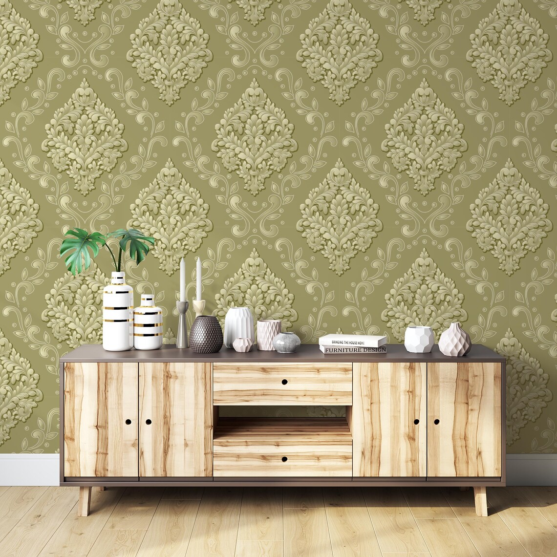 Vintage Green Damask | Classic Botanical Wallpaper | Elegant Peel and ...