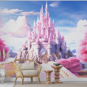 May include: A pink fairytale castle sits atop a rocky hill, surrounded by pink trees and clouds. A white bridge leads to the castle's entrance.