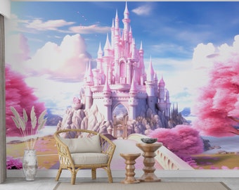 Betoverd roze kasteelmuurschildering | Peel & Stick verwijderbaar behang prinsessenkamer | Sprookjesachtige wanddecoratie | PW446