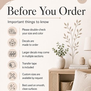 May include: An informational graphic titled Before You Order with a list of six points regarding custom decals, including size, colour, made-to-order status, multi-section shipping, transfer tape inclusion, custom size requests, and surface application tips.