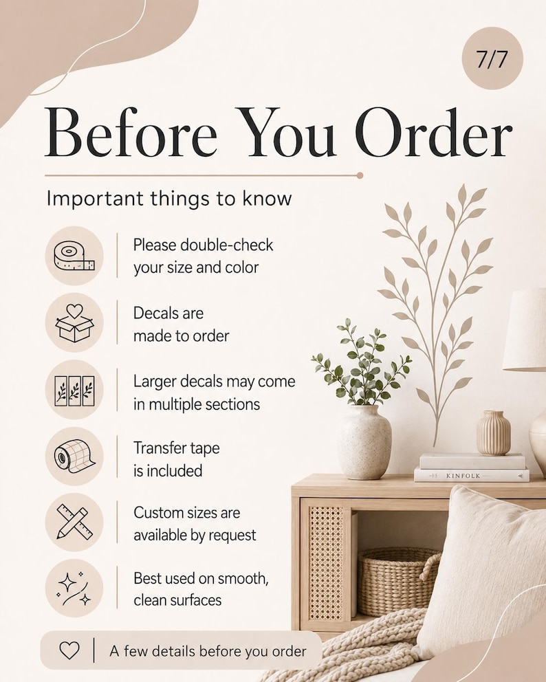 May include: An informational graphic titled Before You Order with a list of six points regarding custom decals, including size, colour, made-to-order status, multi-section shipping, transfer tape inclusion, custom size requests, and surface application tips.