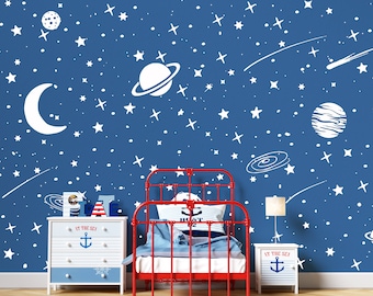 Space Wall Decal: Moon, Stars, Planets Vinyl Wall Art C2