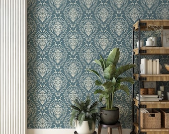 Vintage Damask Wall Mural | Blue Floral Peel and Stick Removable Wallpaper PW680